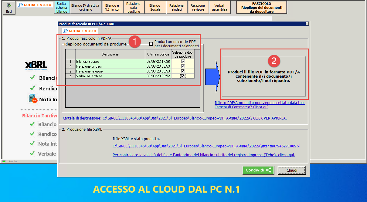 Maschera Produci fascicolo in PDF/A e XBRL