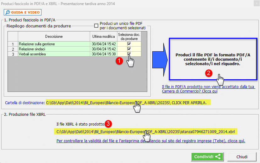 Maschera Produci fascicolo in PDF/A e XBRL - Presentazione tardiva anno 2014