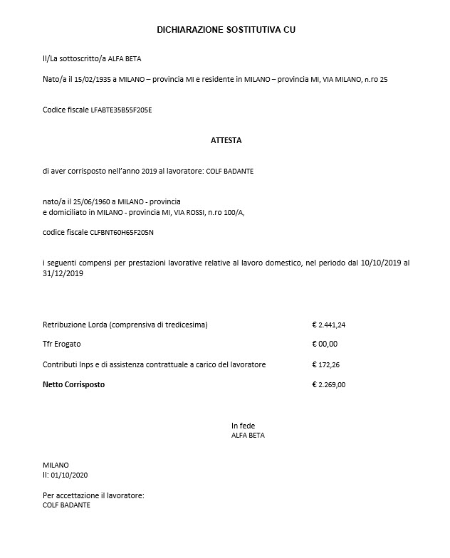 Paghe: Dichiarazione Sostitutiva CU Colf e Badante - Dichiarazione sostitutiva CU
