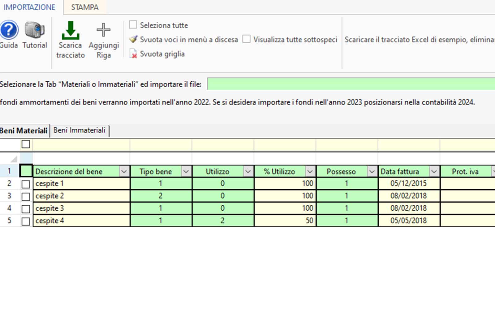 Import beni con file Excel