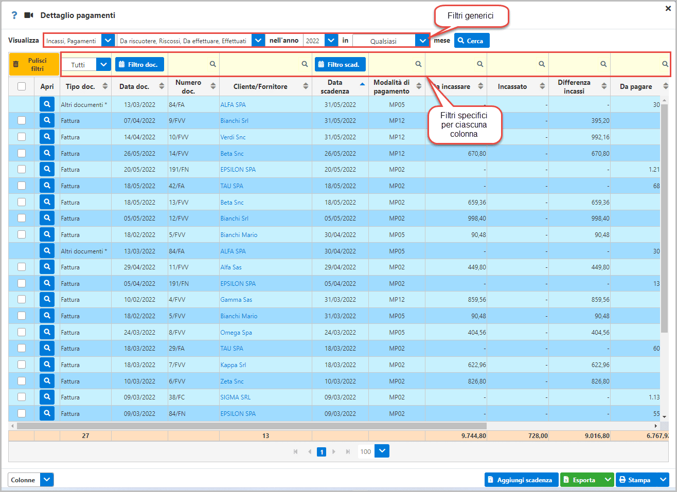 filtri in dettaglio pagamenti (filtri generici e filtri specifici)