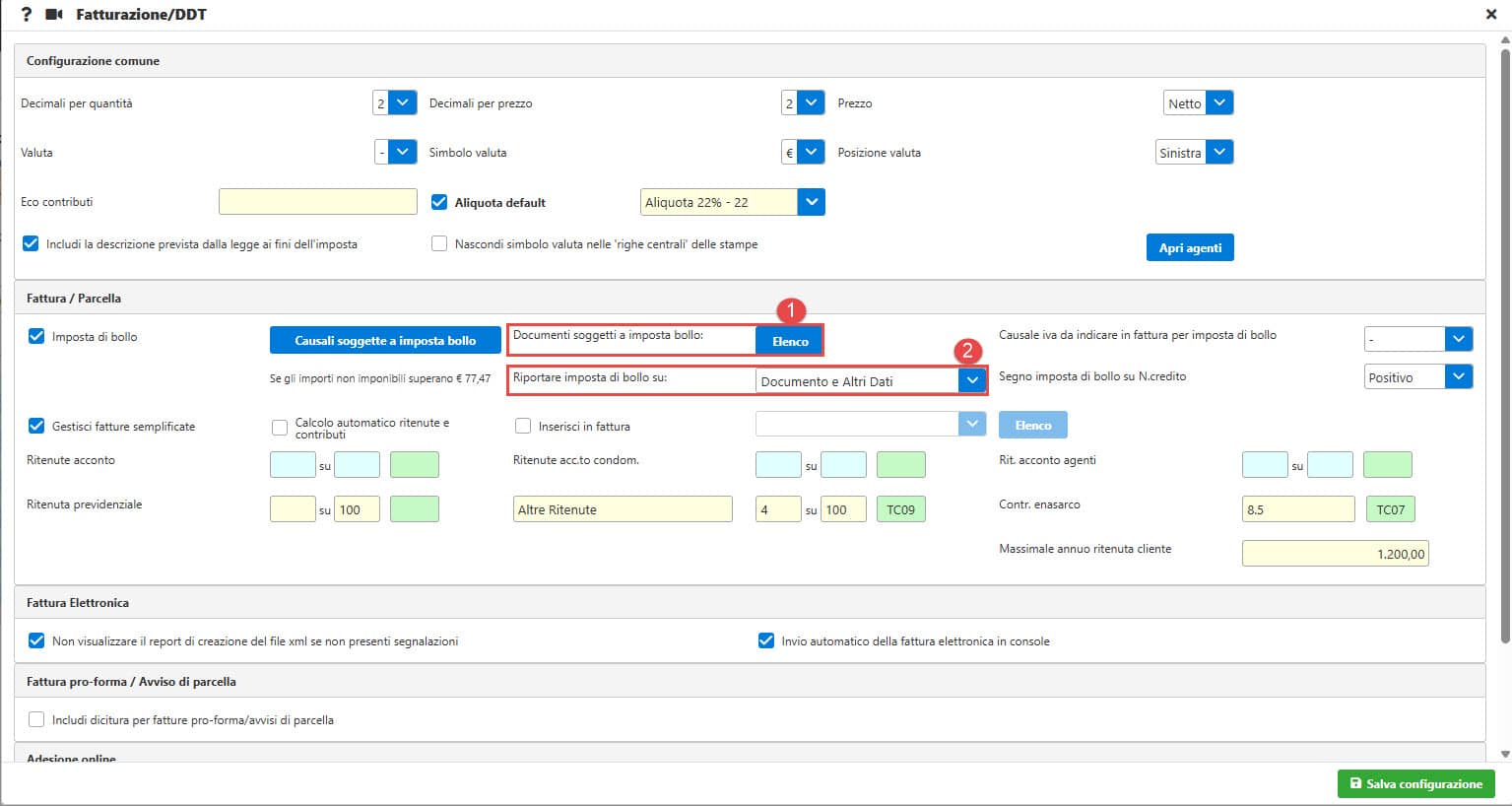 Configurazione Fatturazione/DDT - Imposta di bollo