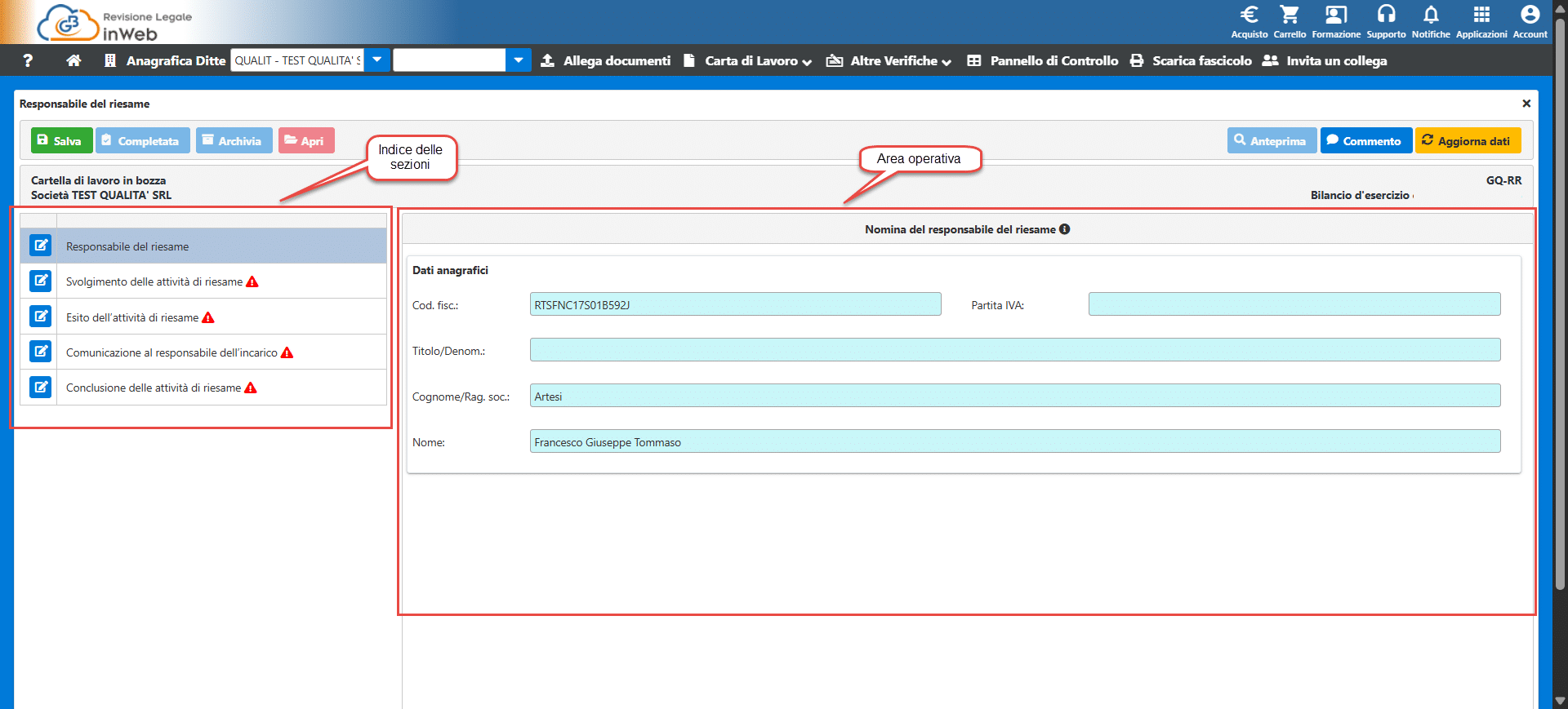 Indice delle sezioni e Area operativa
