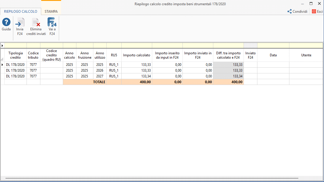 sezione di Riepilogo credito imposta beni strumentali