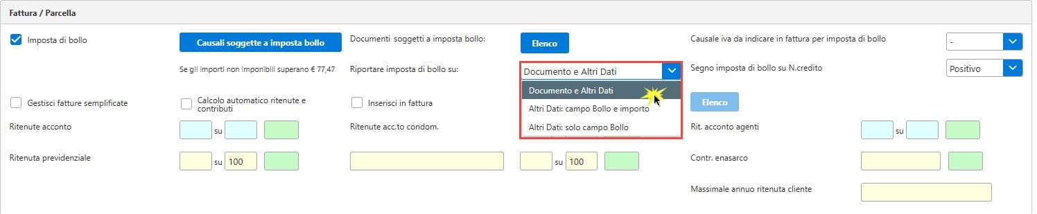 Sezione Riportare imposta di bollo su