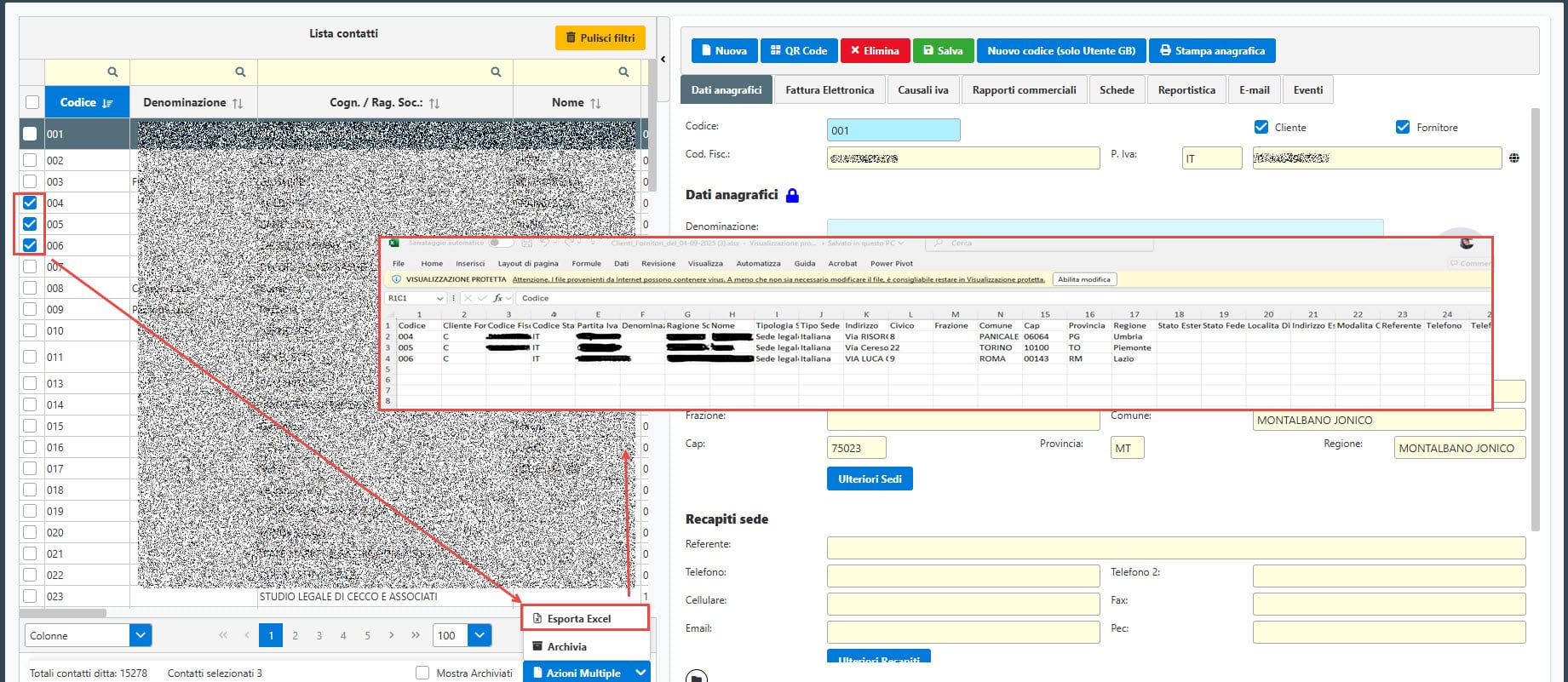 Esportazione Excel contatti selezionati