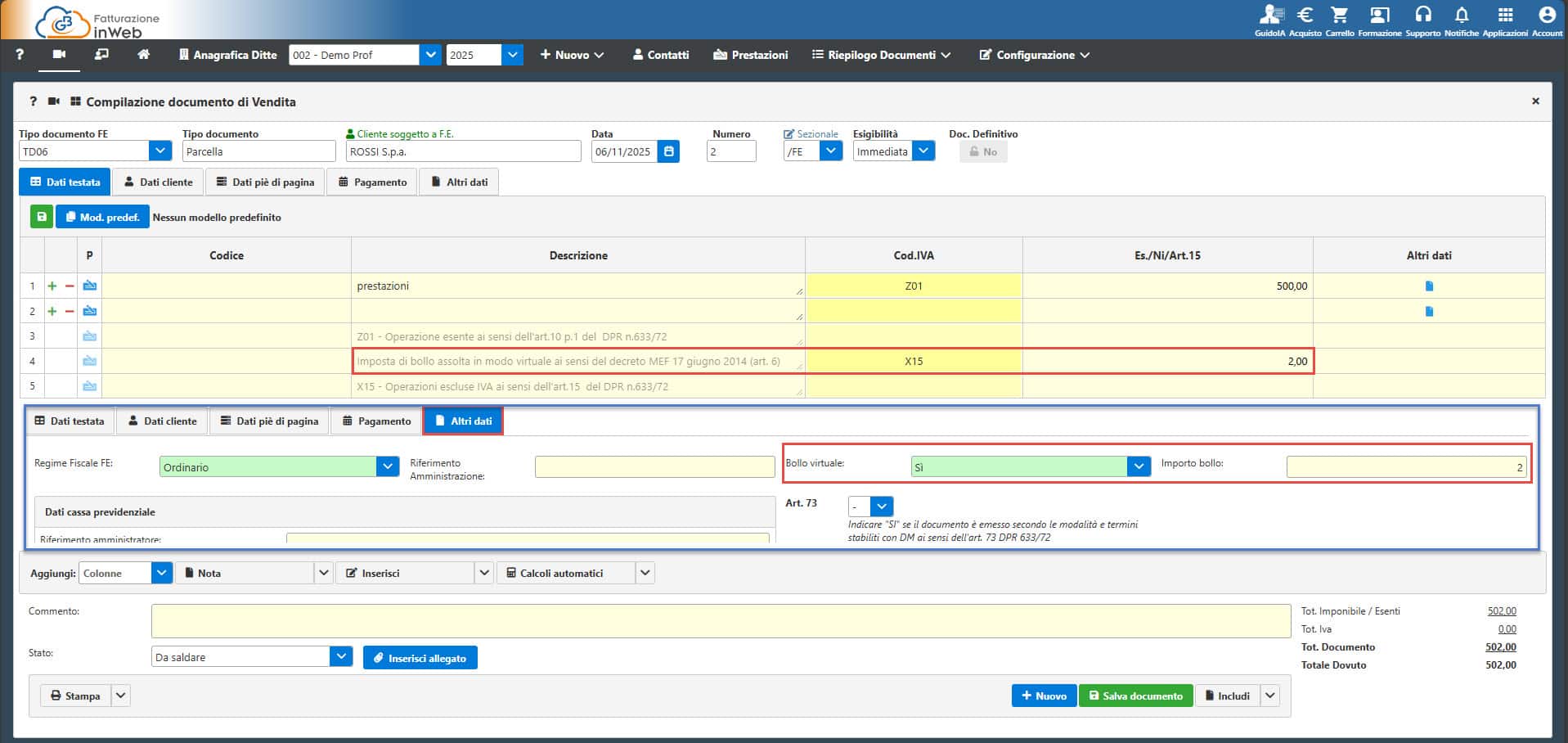 Bollo importato nei righi del documento e in tab Altri Dati