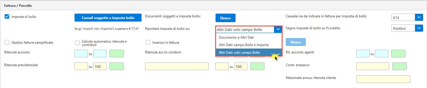 Sezione Altri dati: solo campo Bollo