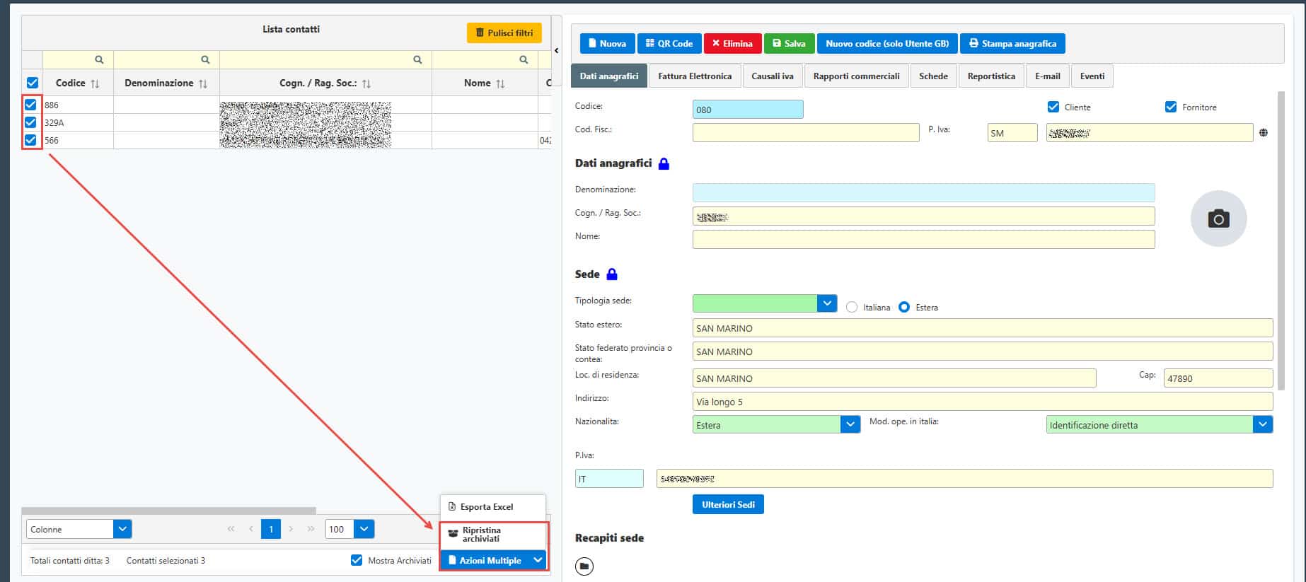 Selezioni multiple e click su Ripristina archiviati