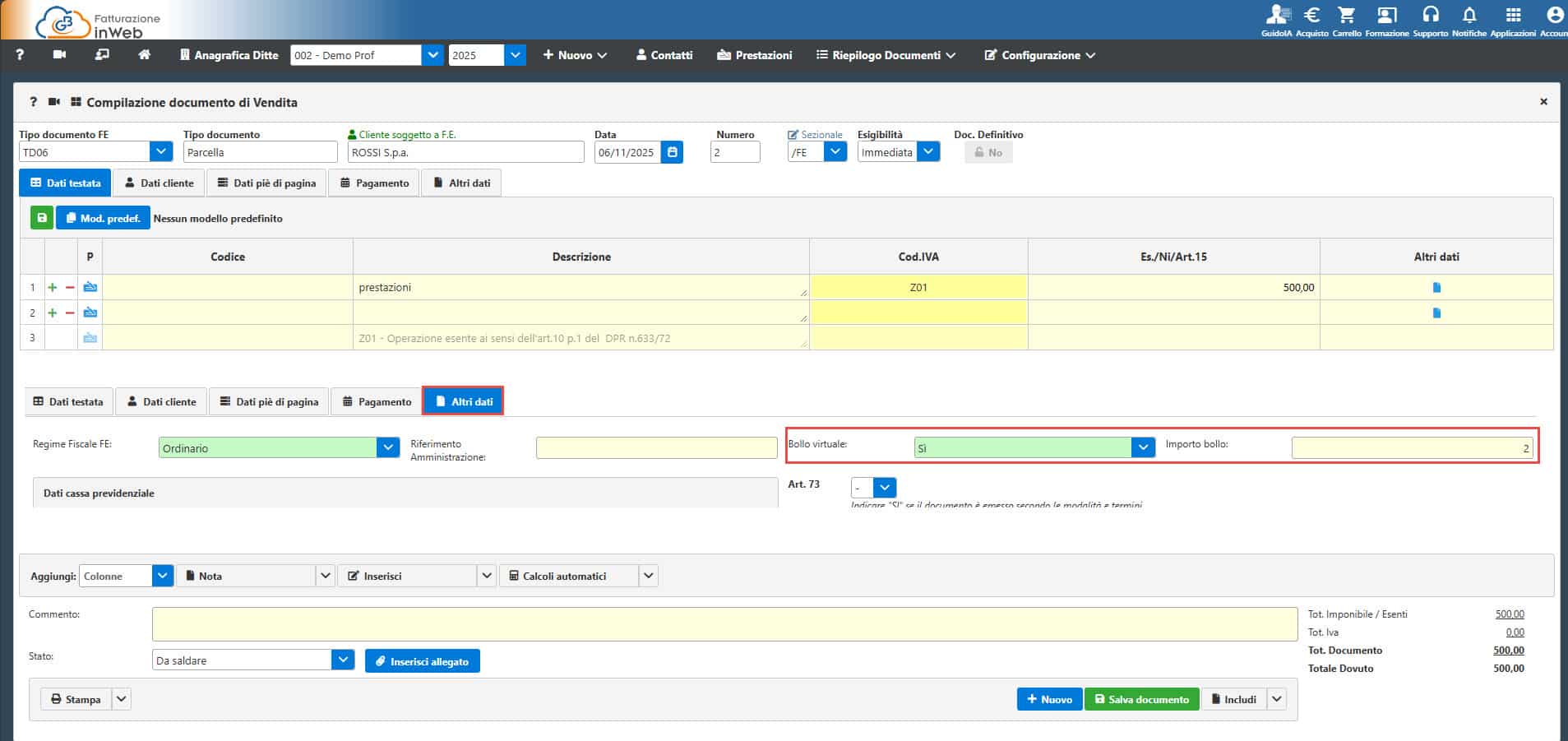 Bollo indicato nei campi Altri Dati