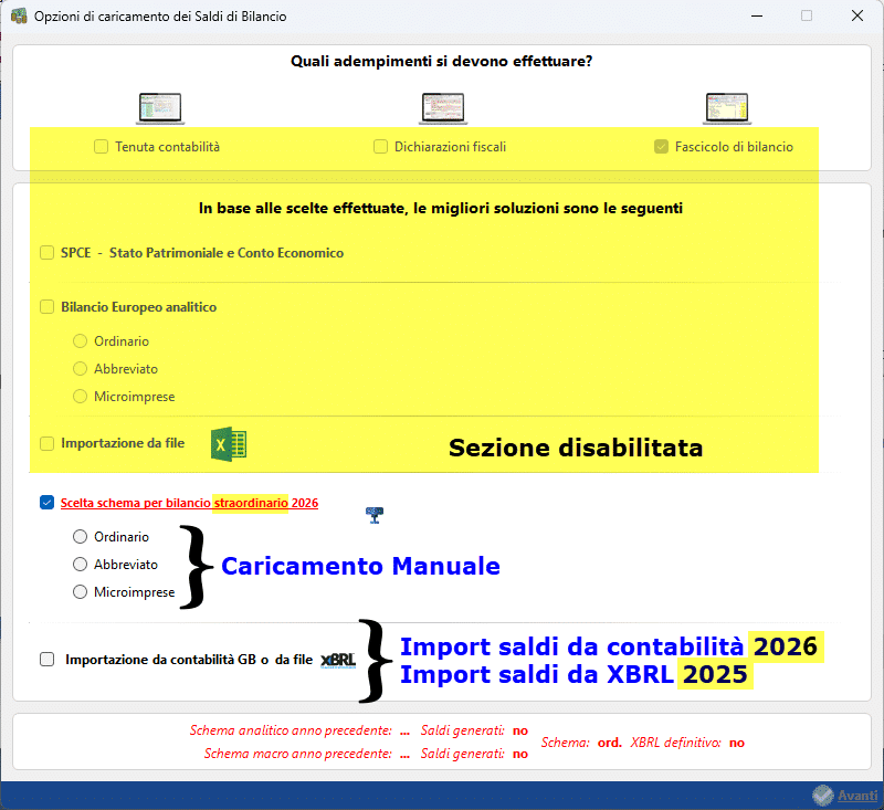 Opzioni di caricamento dei Saldi di Bilancio