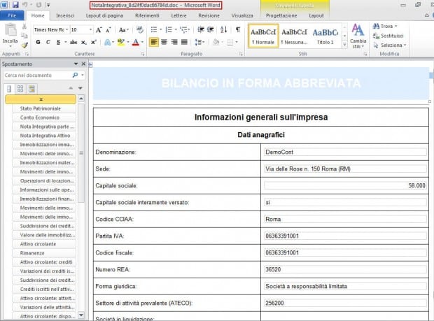 Nota Integrativa in DOC