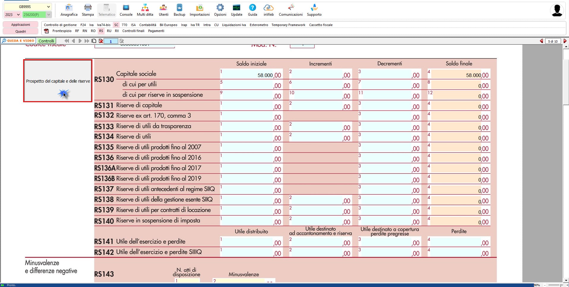Modello Redditi SC - Prospetto del capitale e delle riserve