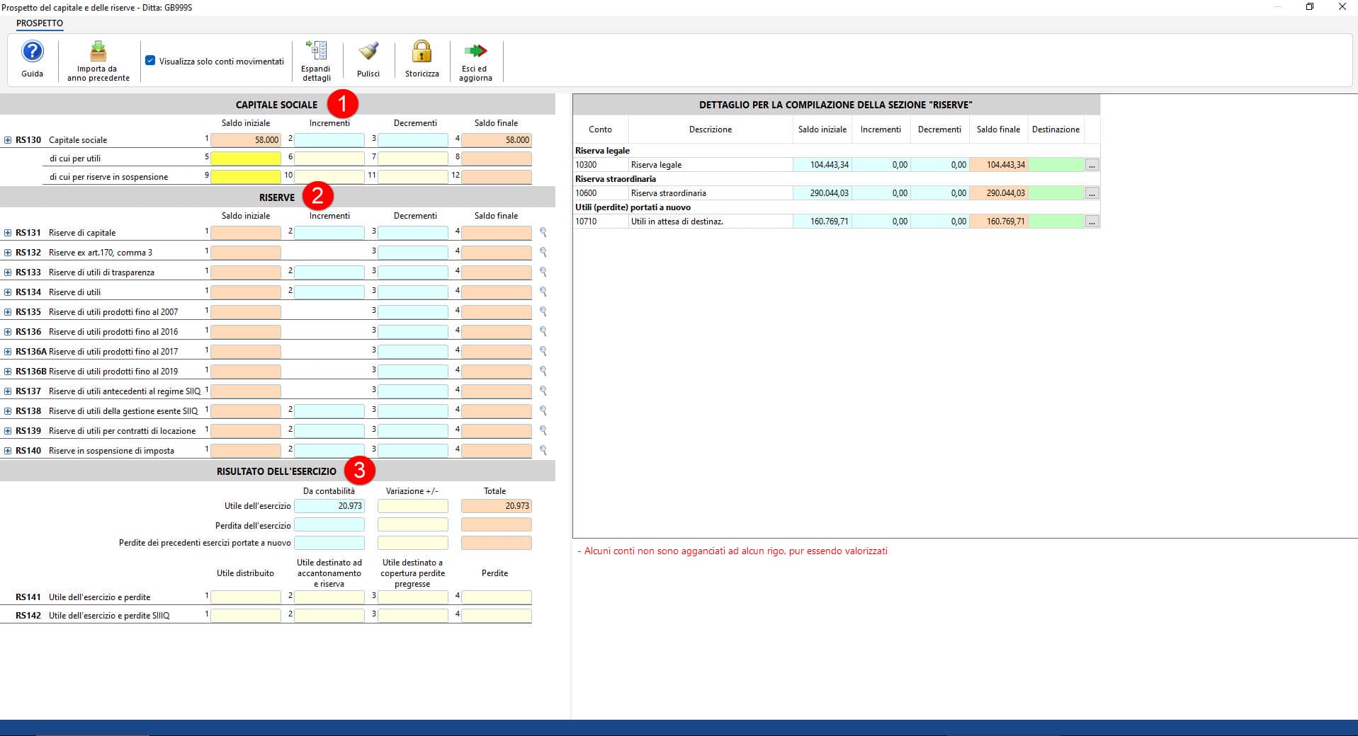 Maschera Prospetto del capitale e delle riserve - sezioni