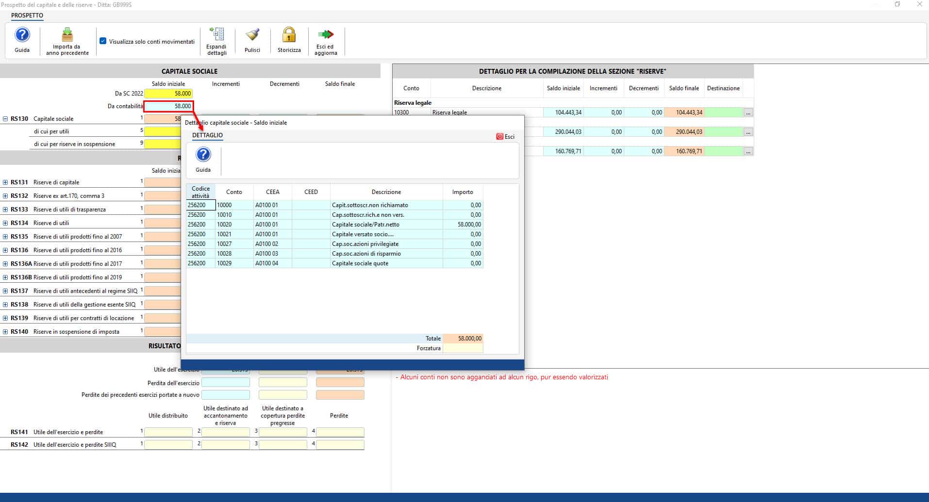 Finestra Dettaglio capitale sociale - Saldo iniziale