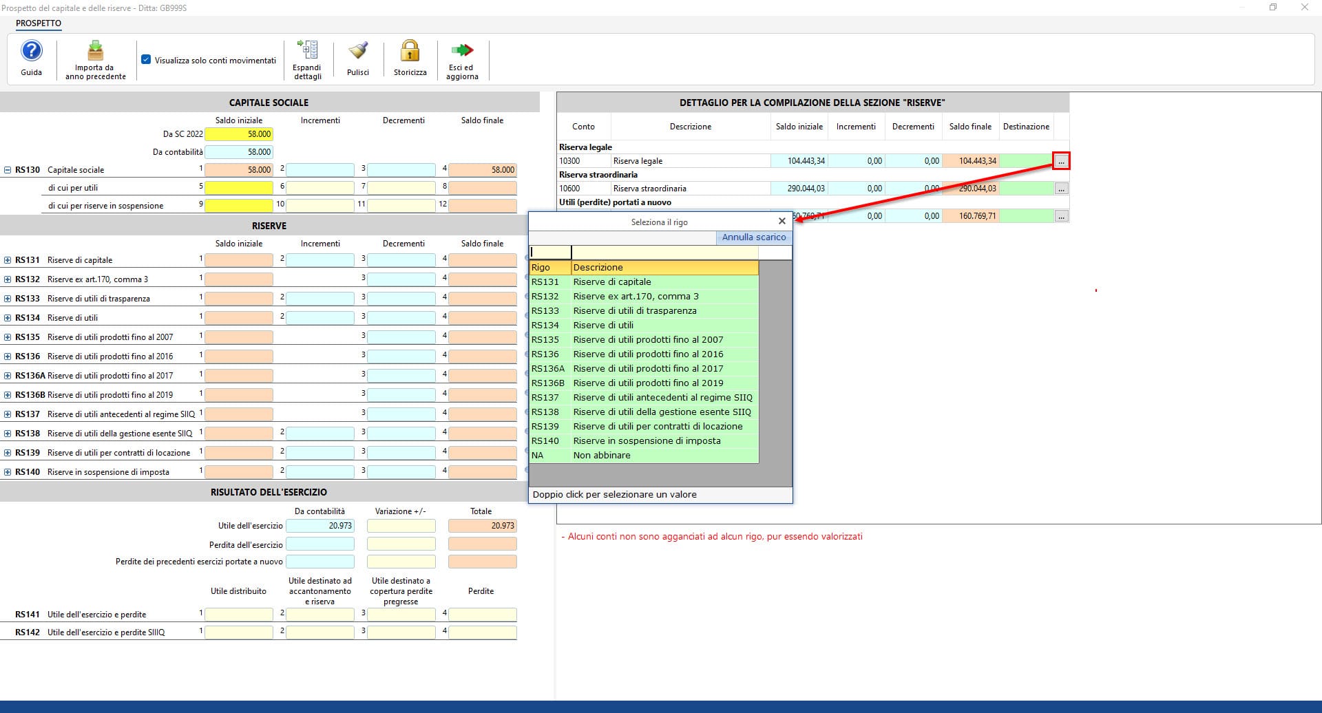 Dettaglio per la compilazione della sezione "riserve" - finestra Seleziona il rigo