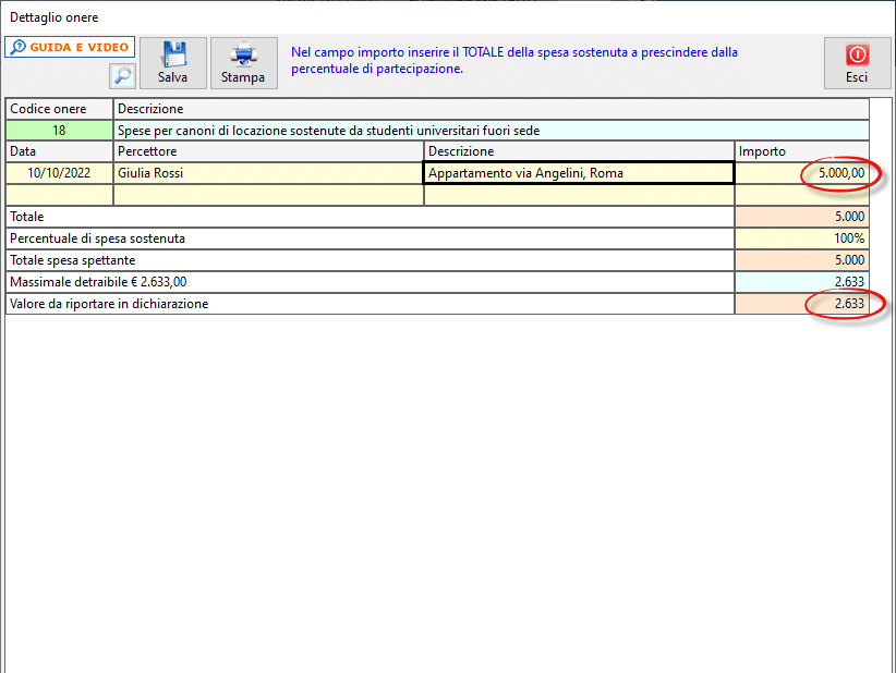 Gestione inserimento agevolazione "Dettaglio onere"