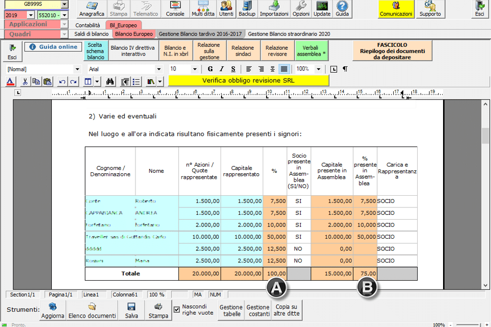 Bilancio 2020: tabelle con soggetti integrati all'anagrafica e calcolo quorum - Tabella verifica soci presenti