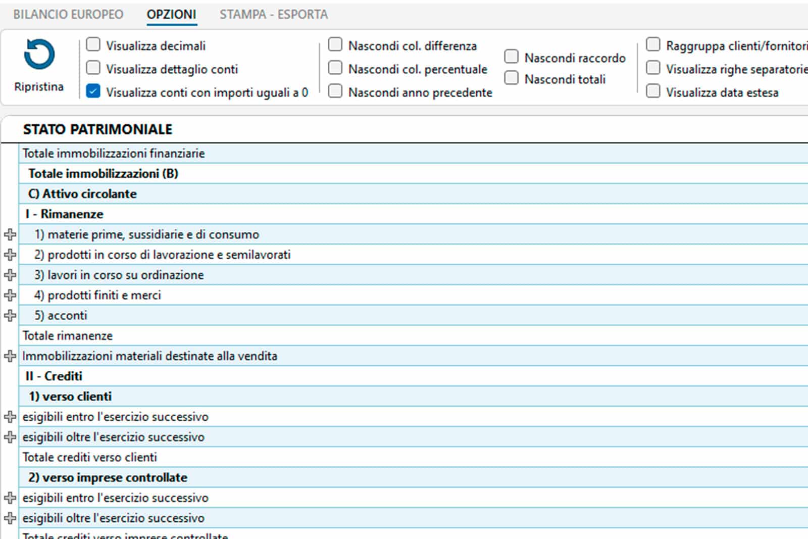 Bilancio CEE - Opzioni di visualizzazione e stampa avanzate Bilancio CEE - Opzioni di visualizzazione e stampa avanzate