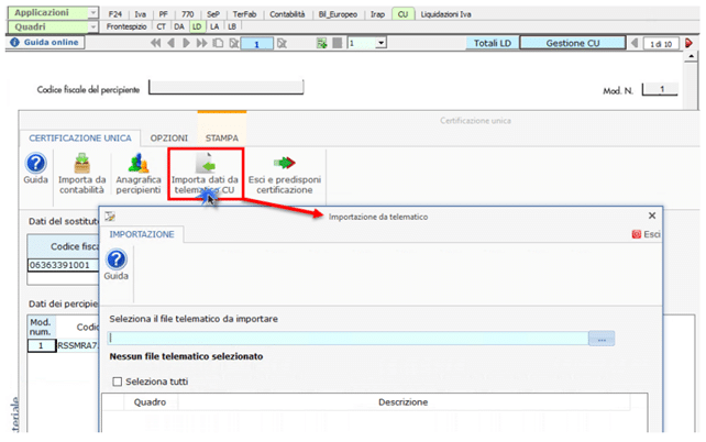 Procedura importazione file telematico nell'applicazione CU