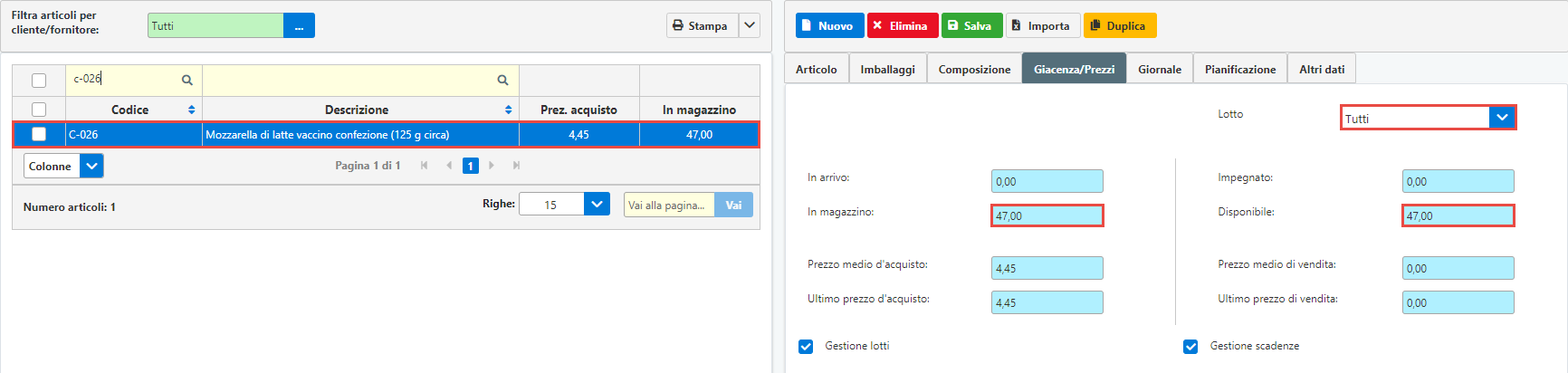 Modulo Magazzino: Gestione di Articoli a Lotti e data Scadenza: vedere totale giacenza