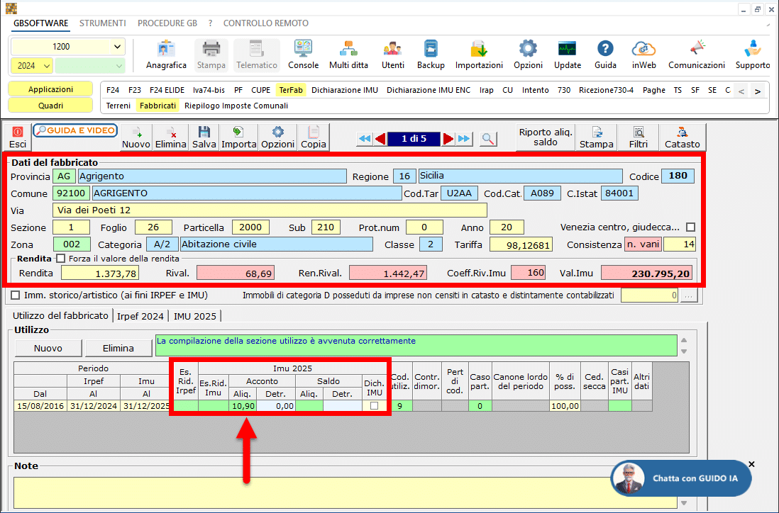 Inserimento dei dati del terreno/fabbricato e indicazione dell'aliquota corretta