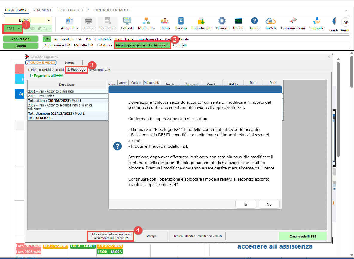 "Sblocca secondo acconto" nel Riepilogo pagamenti dichiarazioni