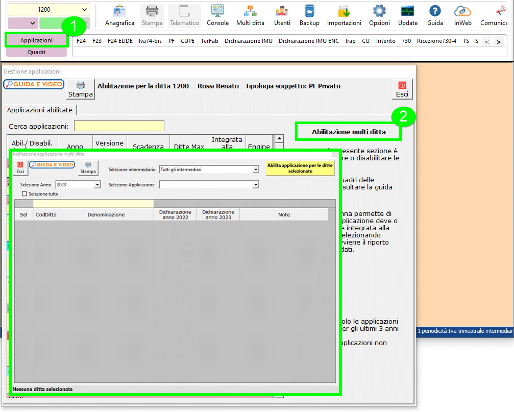 Maschera Gestione applicazioni - procedura abilitazione multi ditta