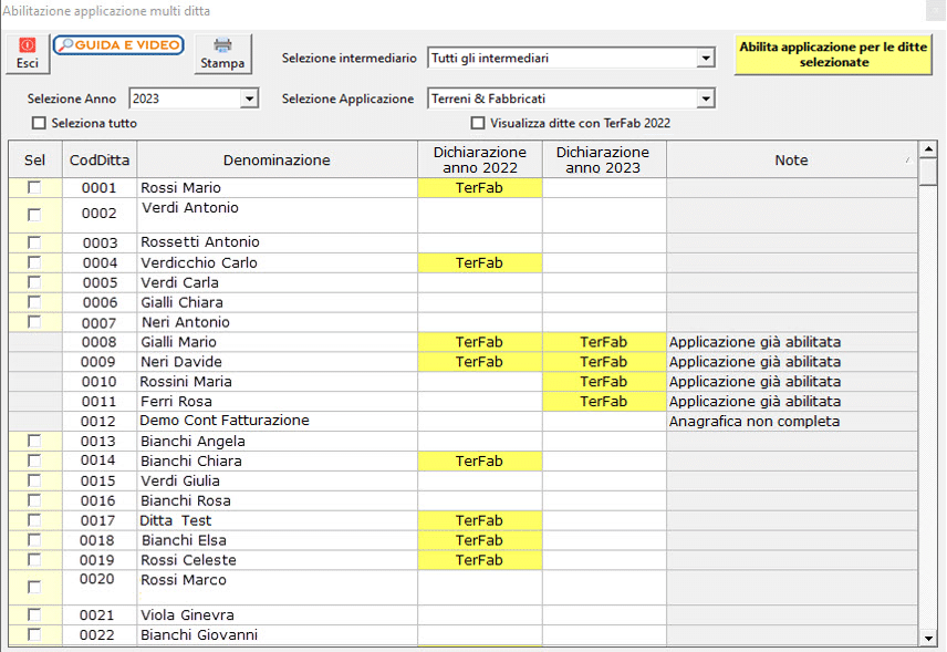 Maschera Abilitazione applicazione multi ditta - abilitazione per le ditte selezionate