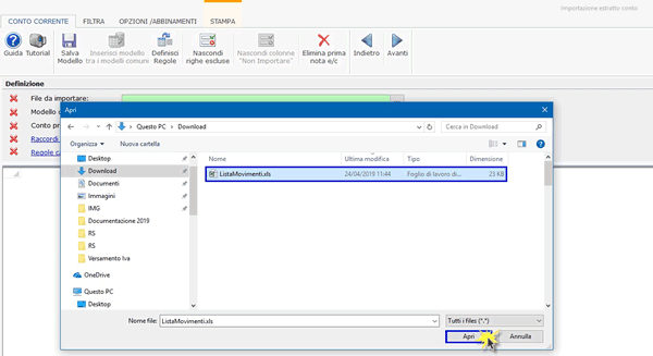 Caricamento file Excel nel software Import Estratto Conto GB